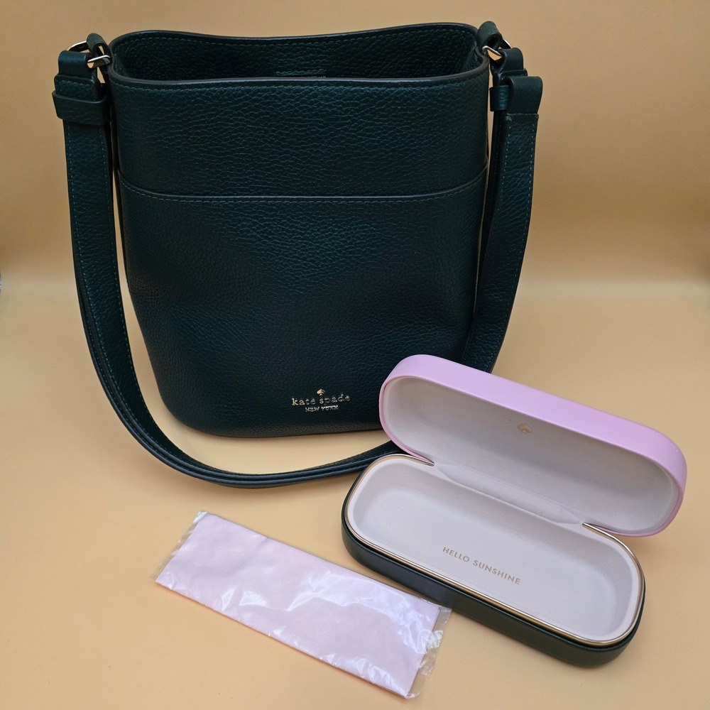 Kate Spade New York Pebbled Leather Bucket Bag Crossbody Green with Glasses Case